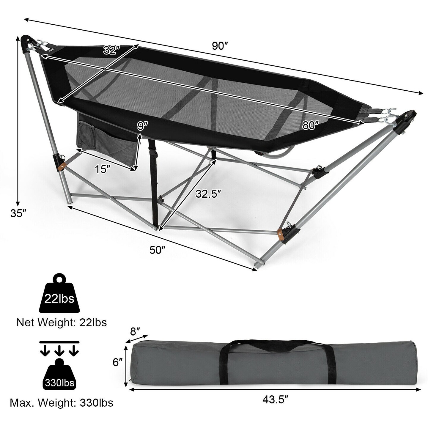 Outdoor Folding Hammock Bed with Breathable Fabric Metal Frame and Side Pocket Storage