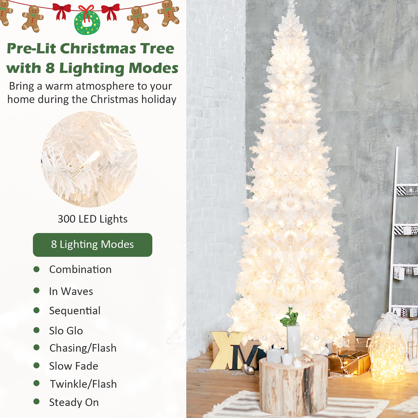 Costway 7FT Pre-Lit Hinged Pencil Christmas Tree White w/ 300 LED Lights &#x26; 8 Flash Modes