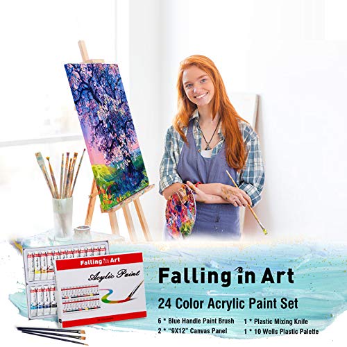 Falling in Art 36 Pieces Acrylic Paint Set - Canvas Painting Kit with 26 Acrylic Paints, Nylon Brushes, Plastic Palette, Mixing Knife for Kids, Adults, Beginners, Hobbyists, Artists