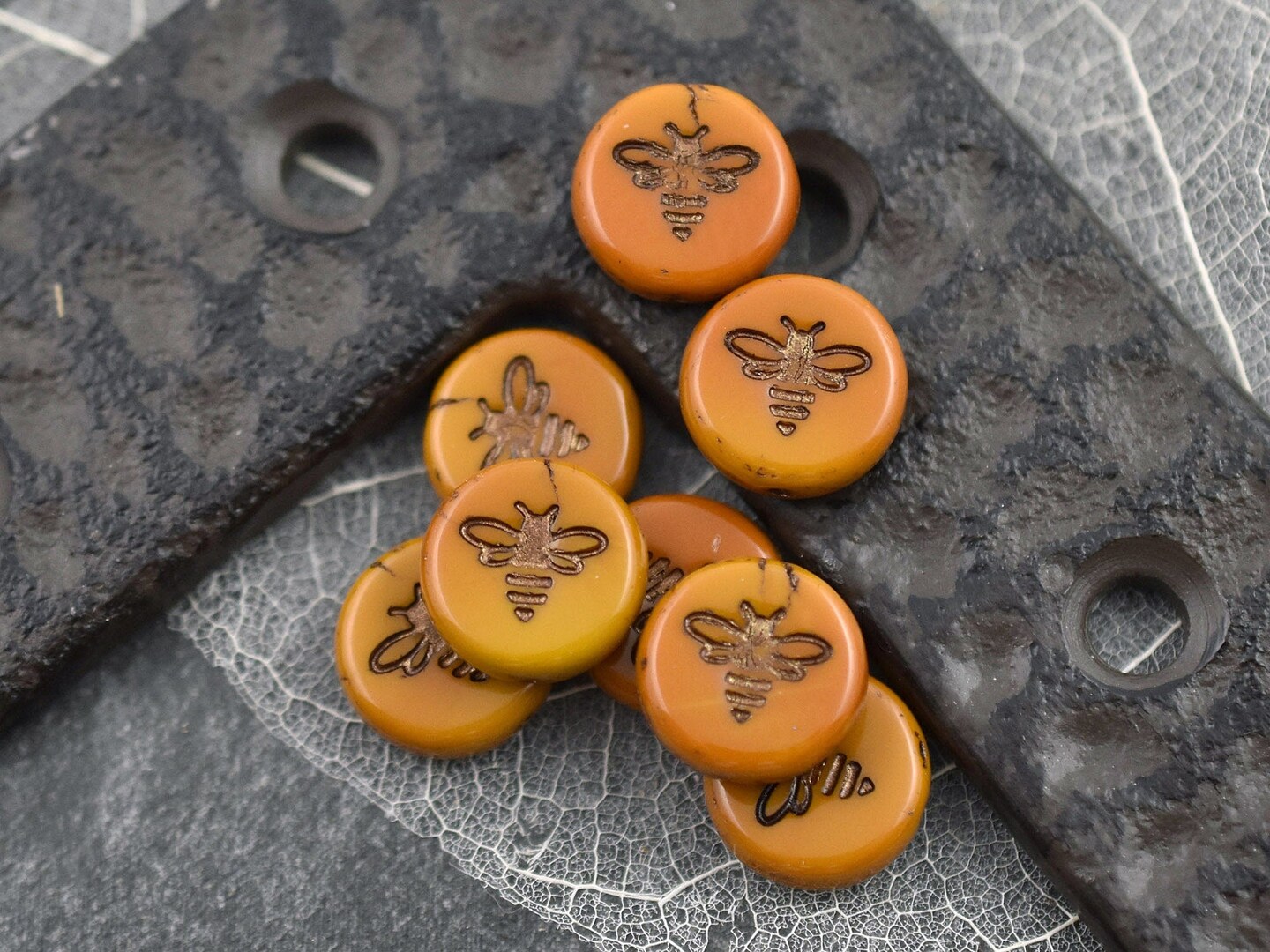 *12* 12mm Dark Bronze Washed Opaque Orange Mustard Bee Coin Beads