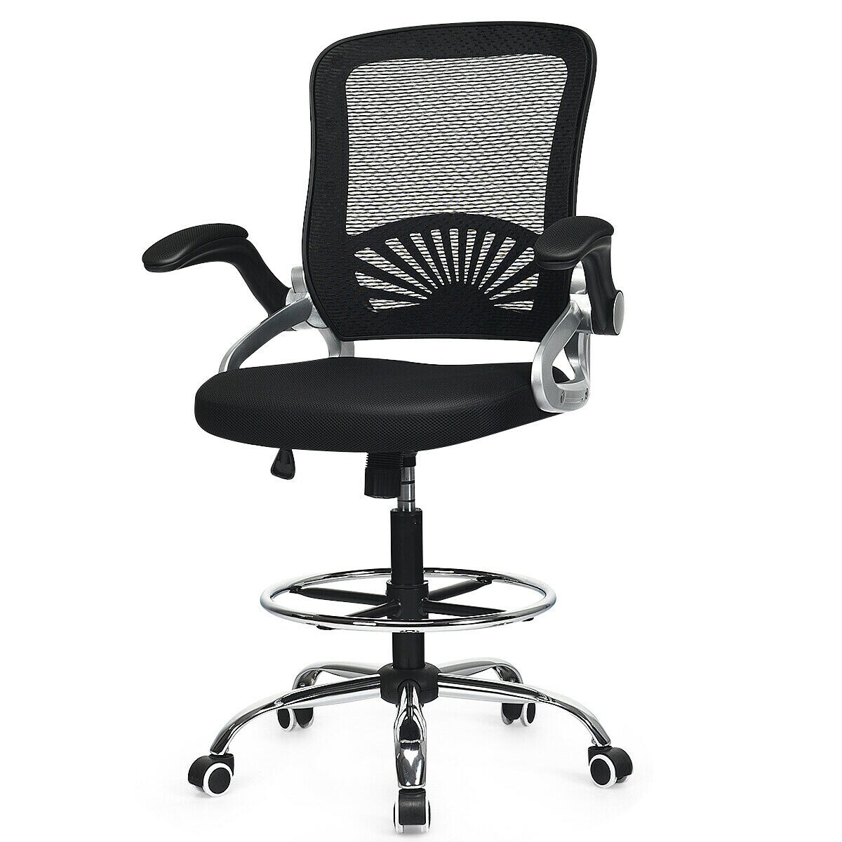 Adjustable Height Flip-Up Mesh Drafting Chair with Lumbar Support