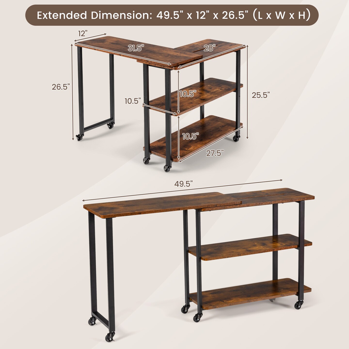 Rotating Sofa Side Table with Wheels Sliding Laptop Desk with Storage Shelves for Small Spaces