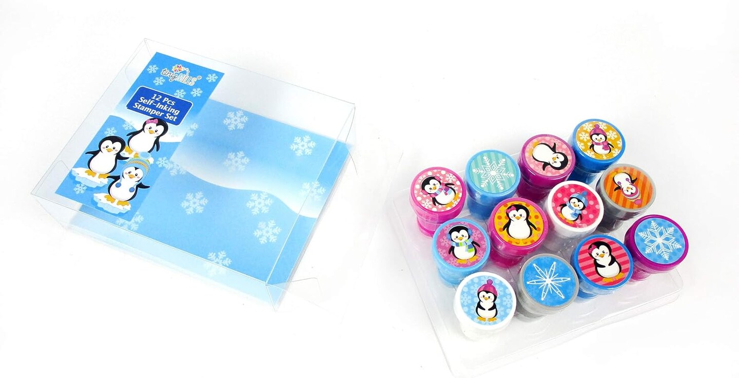 TINYMILLS 12 Pcs Penguin Stamp Kit for Kids Self Inking Stamps Gift Winter Party Favor