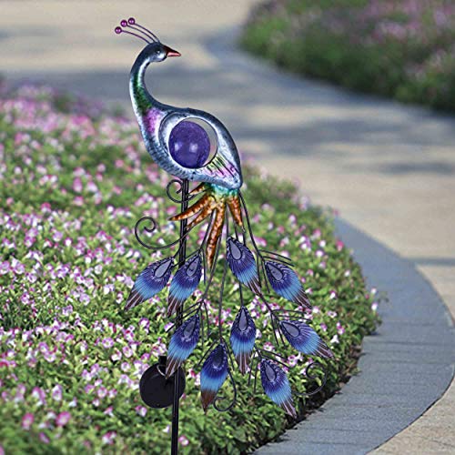 TERESA&#x27;S COLLECTIONS Yard Decorations Outdoor, Peacock Solar Garden Lights, 31.5 Inch Metal Lawn Ornaments, Garden Decor for Outside with Crackle Glass Ball, Decorative Stake Yard Art for Patio