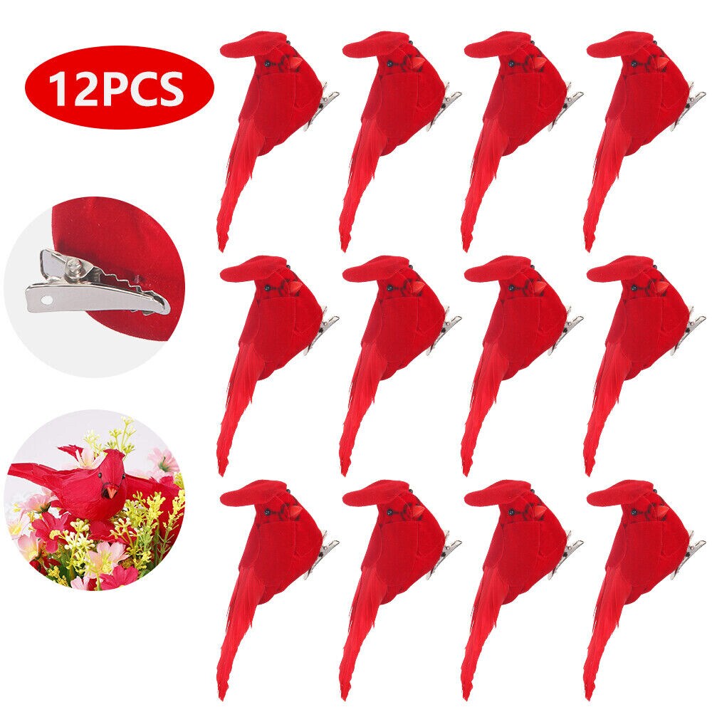 Fake Birds Cardinal Clip On Christmas Tree Decoration 12 pcs