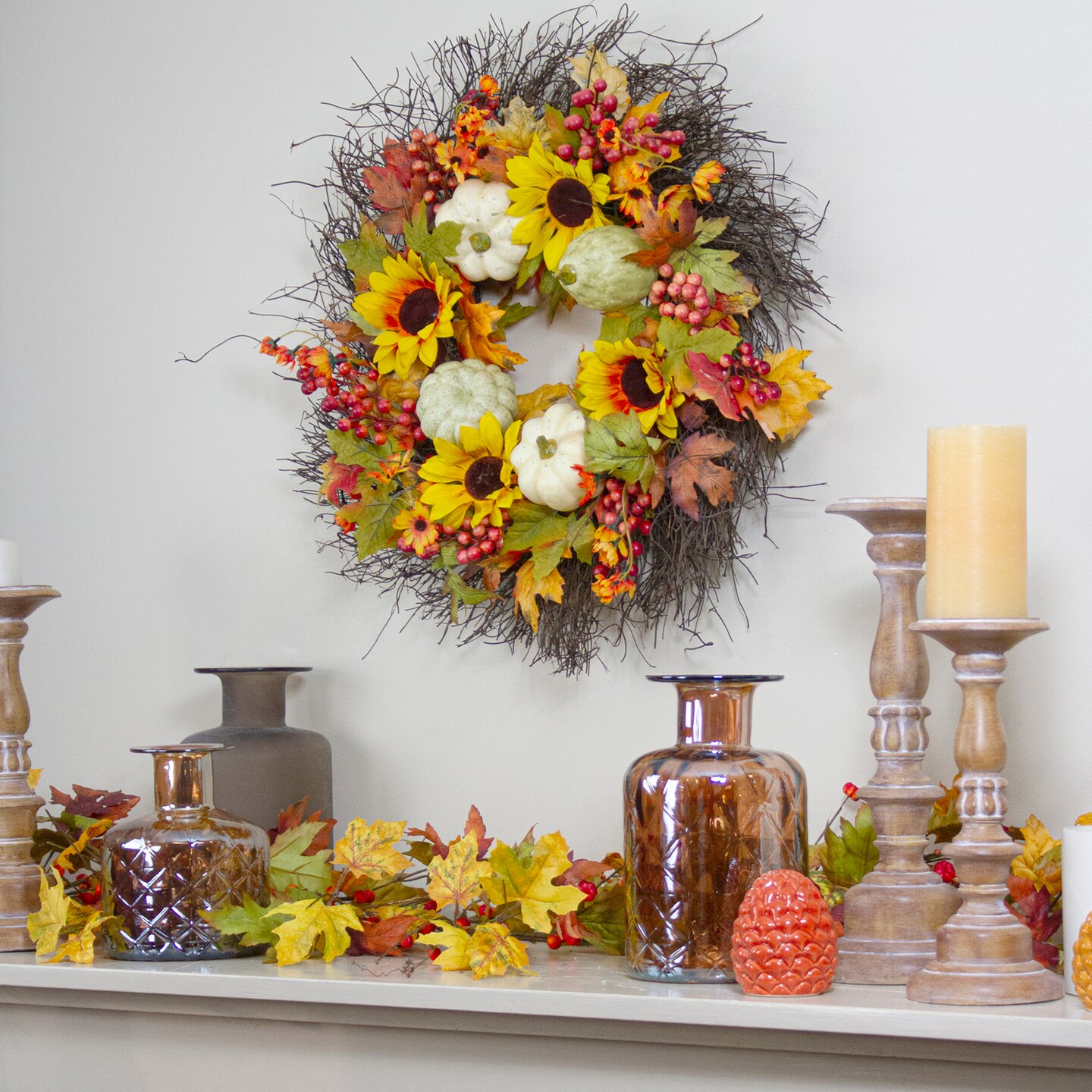 Northlight Sunflowers and Gourds Artificial Fall Harvest Wreath - 26 ...