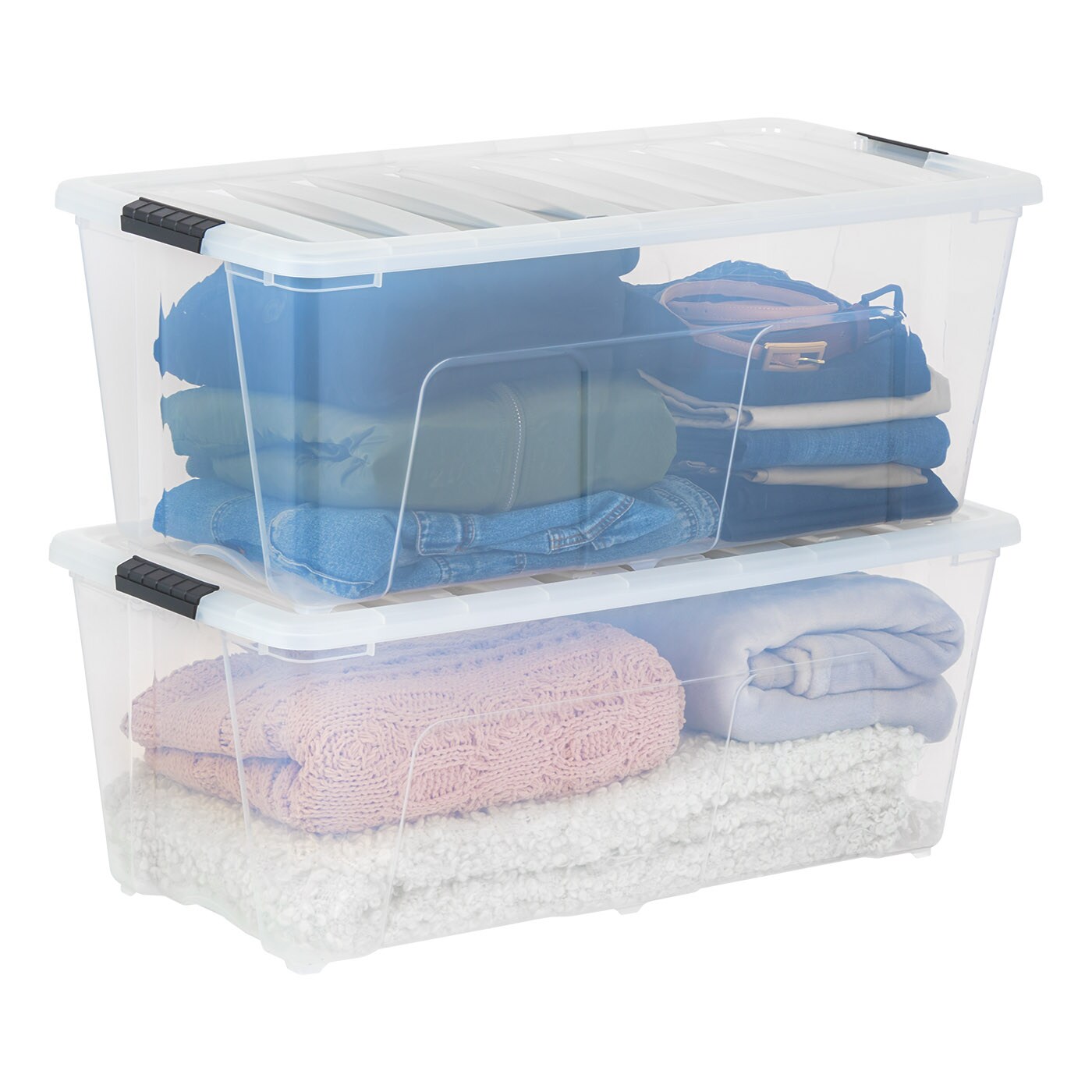 IRIS USA 2 Pack 84 Quart Stackable Plastic Storage Bins with Lids and Latching Buckles, Clear, Containers with Lids and Latches, Durable Nestable