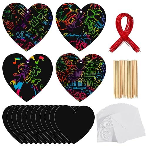 JOYIN 60 Packs Valentines Day Gifts Cards with Scratch Heart for Kids Scratch Paper Magic Color Scratch Heart Rainbow Cards for Valentine Crafts &#x26; Art Classroom Exchange, Valentine&#x27;s Party Favors