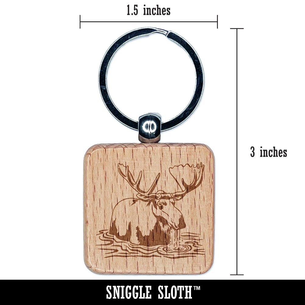 Moose Wading in Water Engraved Wood Square Keychain Tag Charm