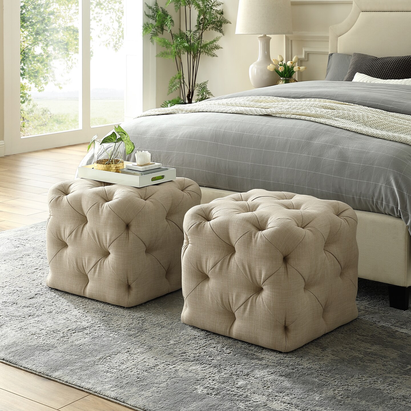 Genevieve Linen/Velvet Tufted Upholstered Cube Storage Ottoman, 1 Piece