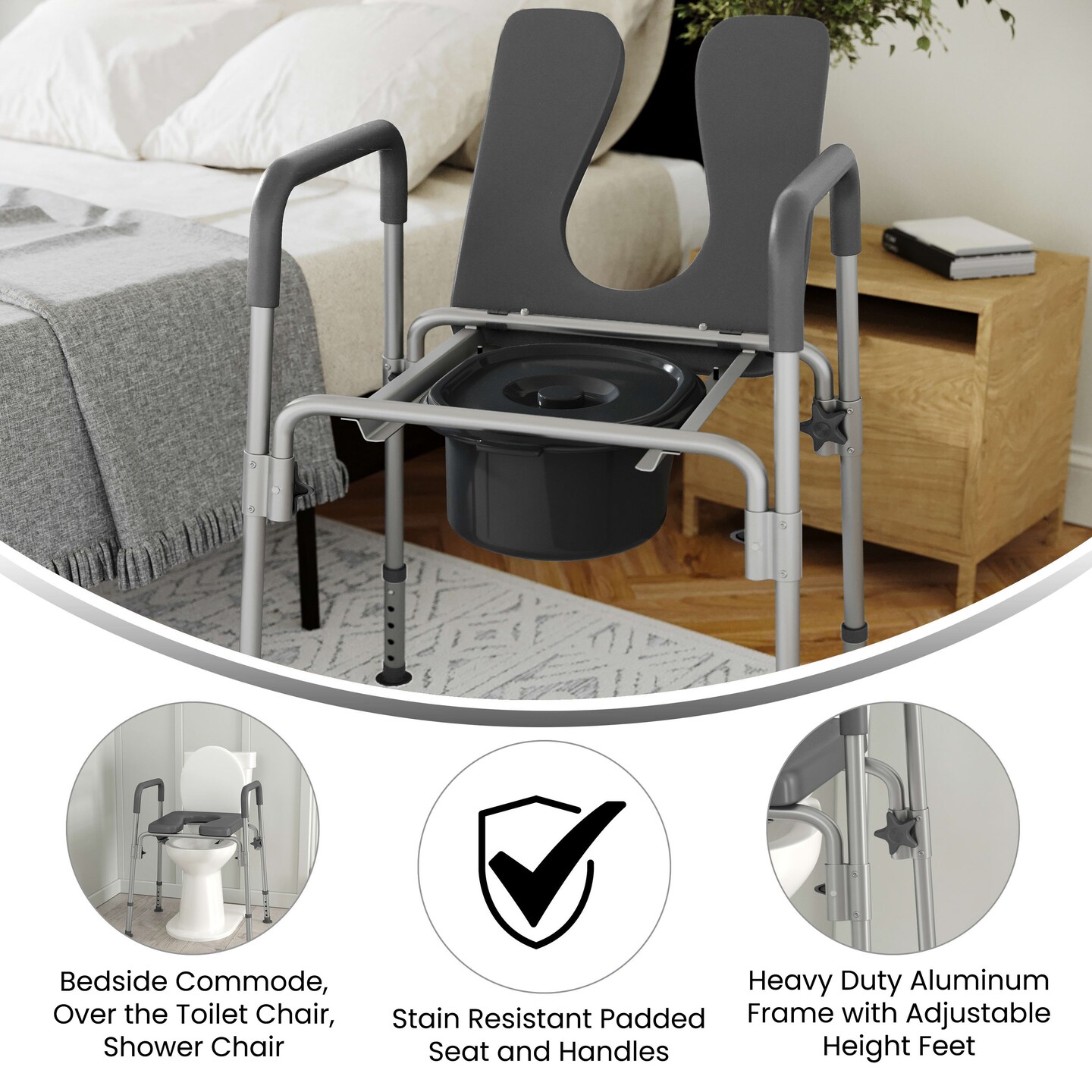 Emma and Oliver Maury Shower Commode Chair with Safety Rail, Height Adjustable Frame, Padded Seat & Armrests, Removable Pail with Lid, Fits Most Toilets