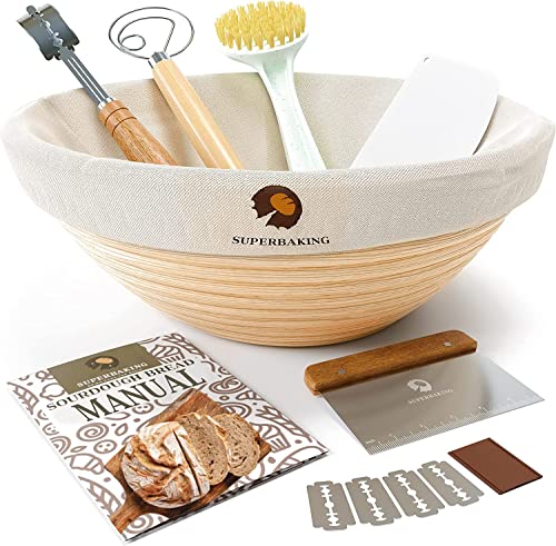 Sourdough Start Kit - Sourdough Bread Baking Supplies 2  Banneton Bread Proofing Basket Bowls, 2 Cloths, Whisk, Bread Lame, Dough  Scraper, 2 Brushes - Sourdough Starter Kit Bread Making & Baking
