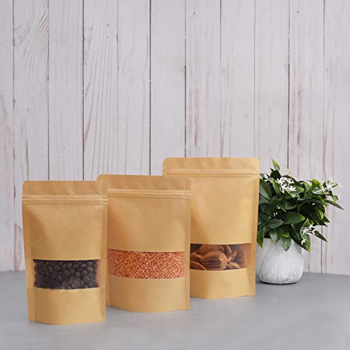 50 Pcs Self Sealing Sealable Packaging Paper Bags Waterproof Transparent Window Brown Stand Up Zipper Pouches Can Reusable for Food Tea Coffee bags Beans Nuts Seeds Dried Fruits Pouch (5.9&#x22;x8.6&#x22;)&#x2026;