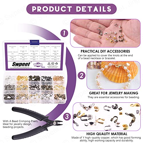 1501 Pieces 6 Colors 4 Styles Brass Tube Crimp Beads with Bead Crimping Pliers Kit, Including Brass Tube Crimp Beads &#x26; Crimp Beads Knot Covers &#x26; Wire Guardians &#x26; Iron Bead Tips Knot Covers