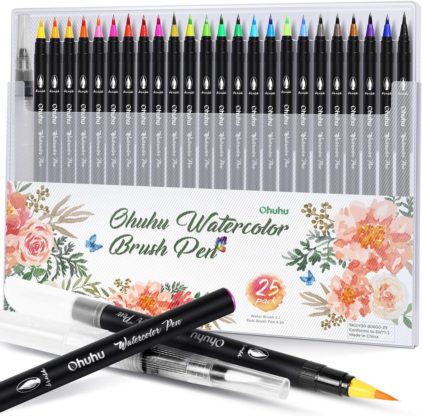 Ohuhu Watercolor Brush Markers Pen, 24 Colors/ 48 Colors, Water Based Drawing Marker Brushes W/A Blending Aqua Pen, Water Soluble for Adult Coloring Books Comic Calligraphy