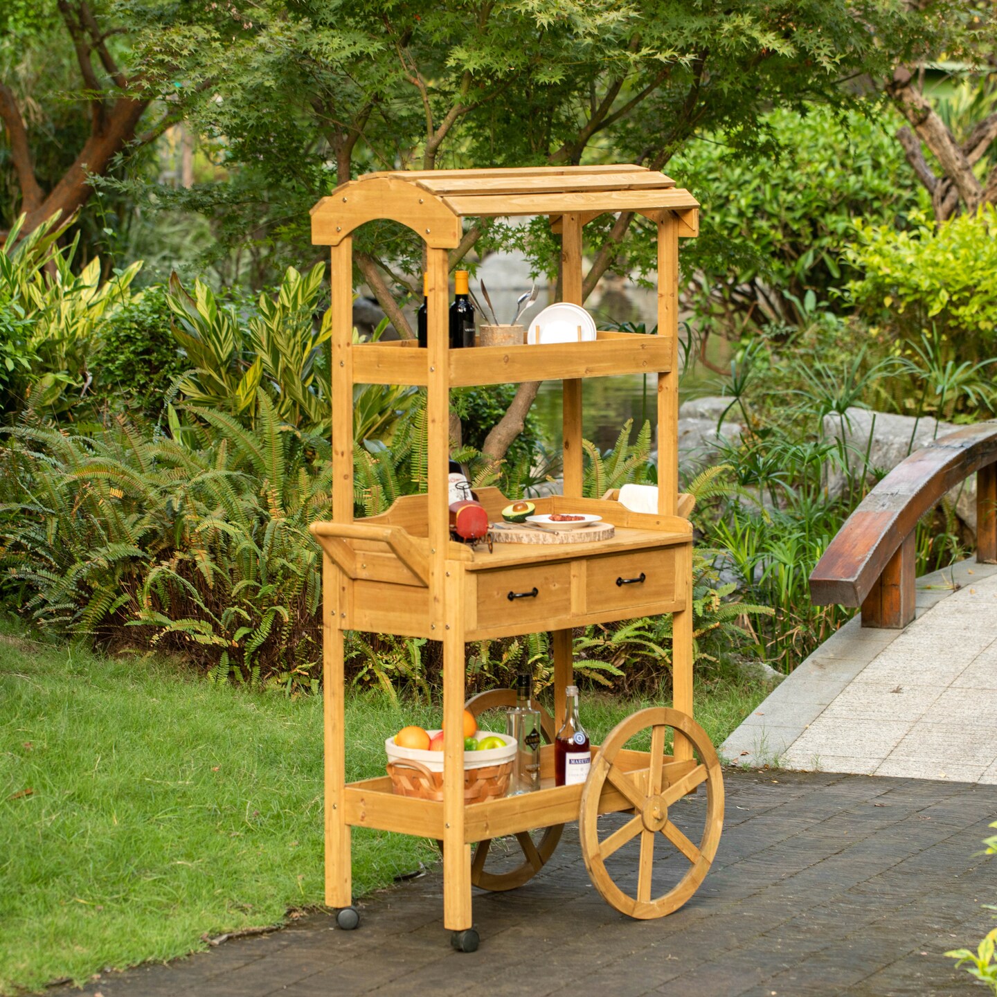 Large Wooden Display Rolling Table with Drawers and Wheels 3 Tier for Display, Modern Wood Wagon with Shelves for Food and More