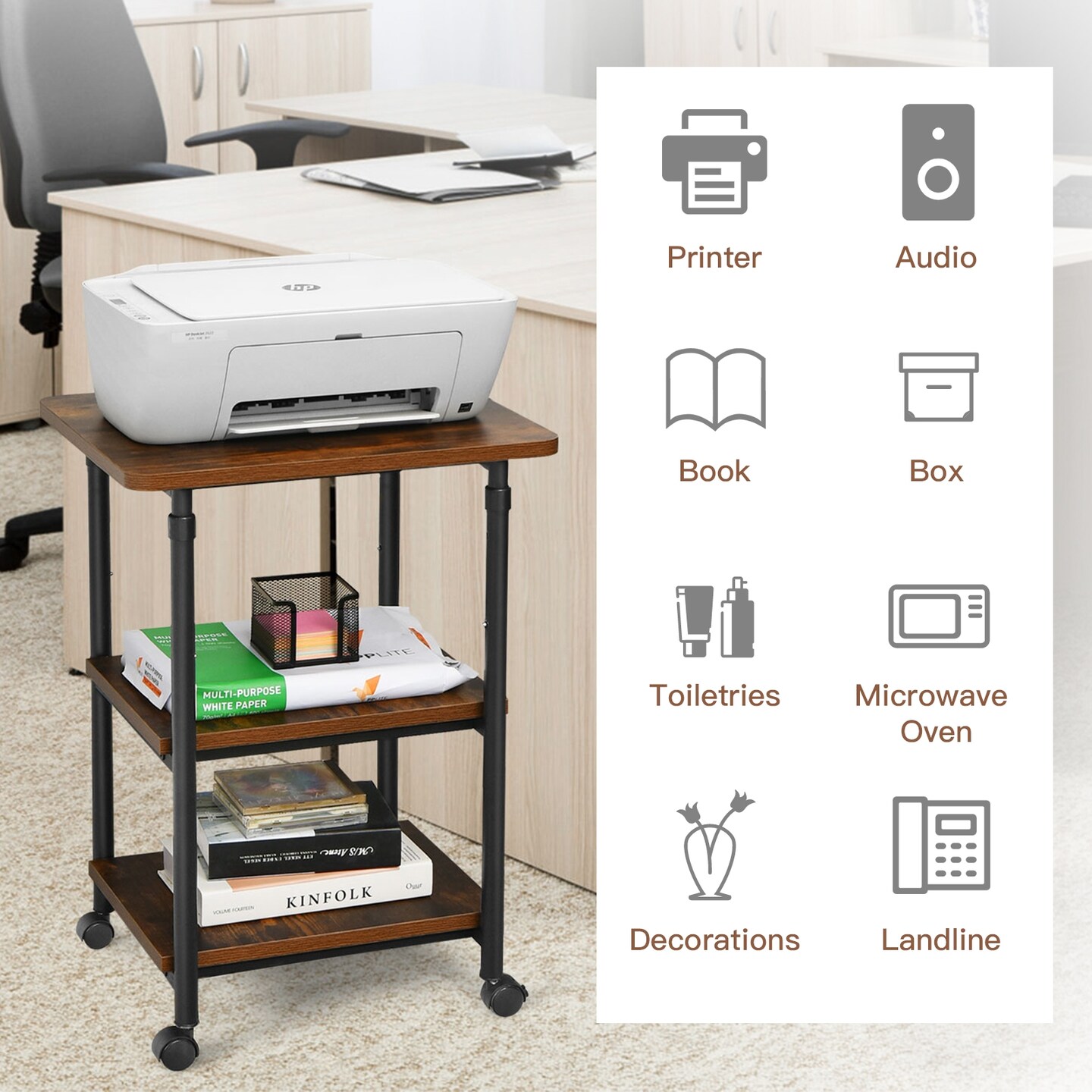 3-tier Adjustable Printer Stand with 360&#xB0; Swivel Casters