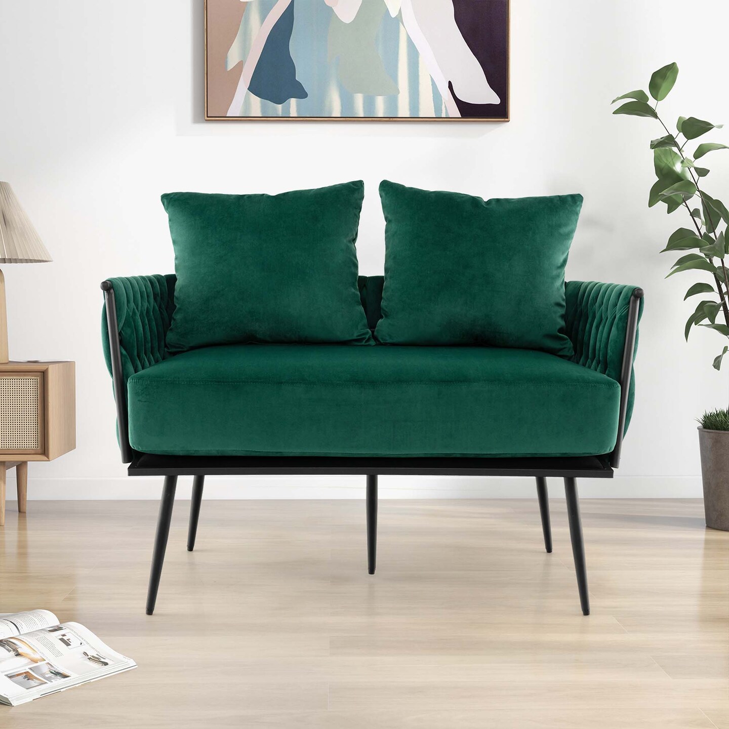 Costway Modern Loveseat Sofa Upholstered Dutch Velvet Couch with Woven Back &#x26; Arms Green/Grey