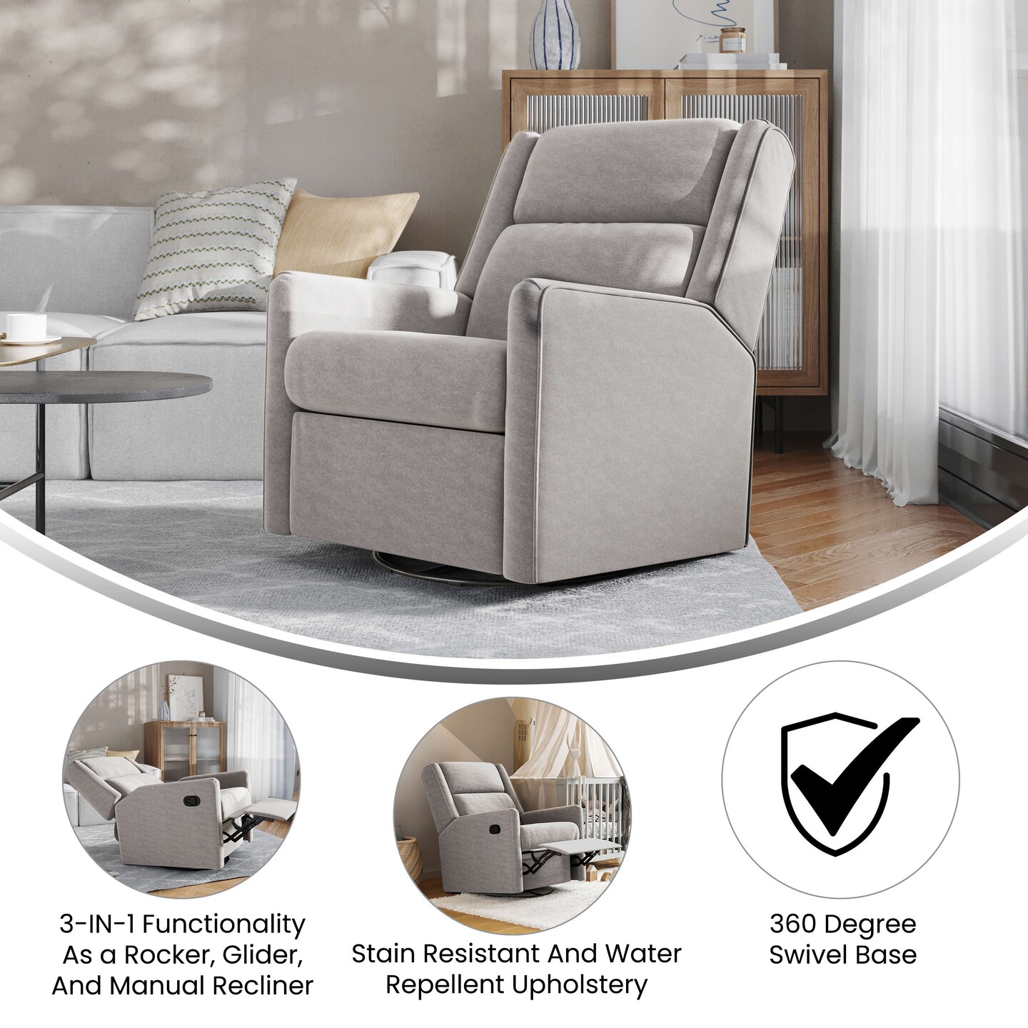 Merrick Lane Dara 3-in-1 Traditional Manual Recliner Rocker Swivel Glider Chair