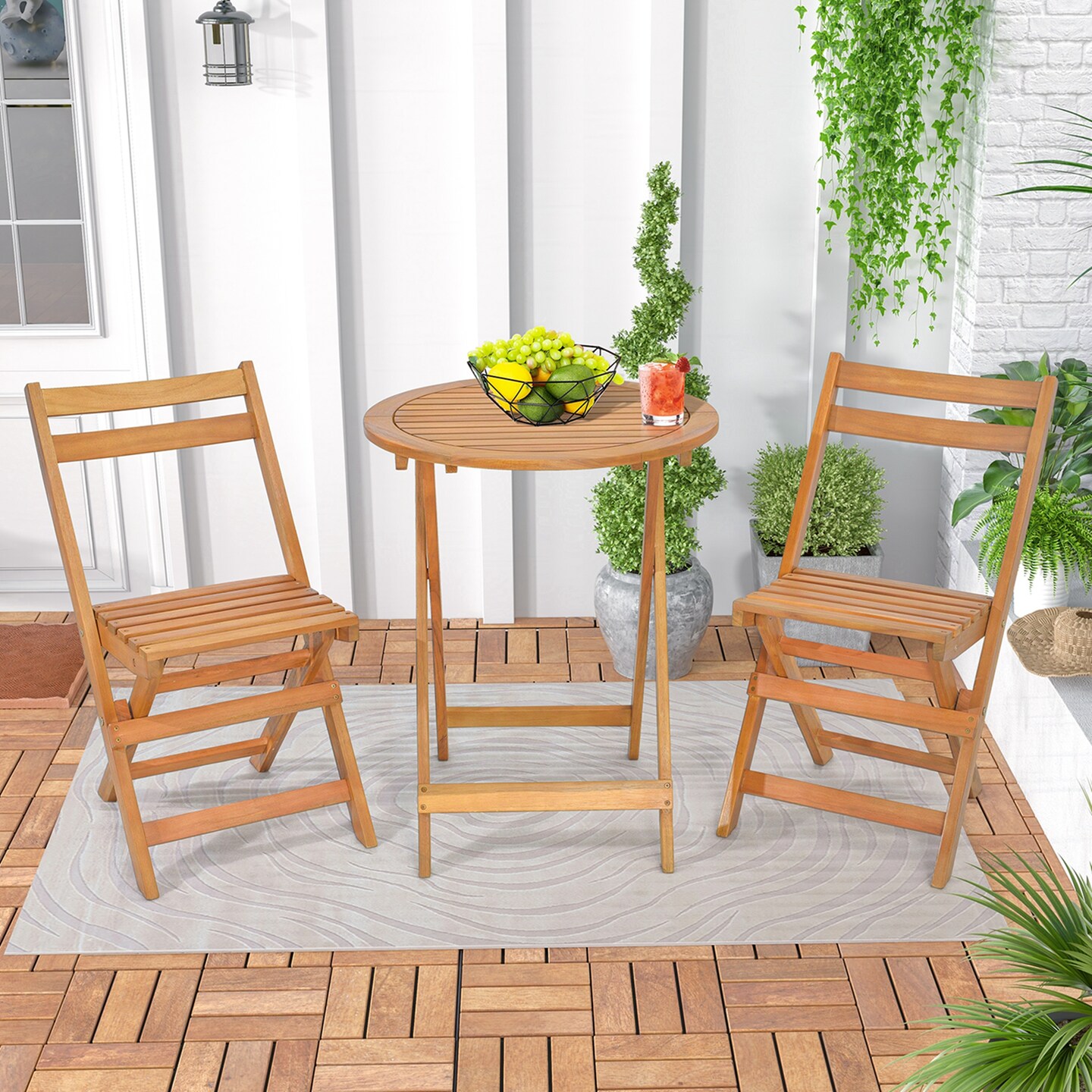 Costway 3 PCS Folding Patio Bistro Set Solid Acacia Wood Table &#x26; Chairs Slatted Tabletop