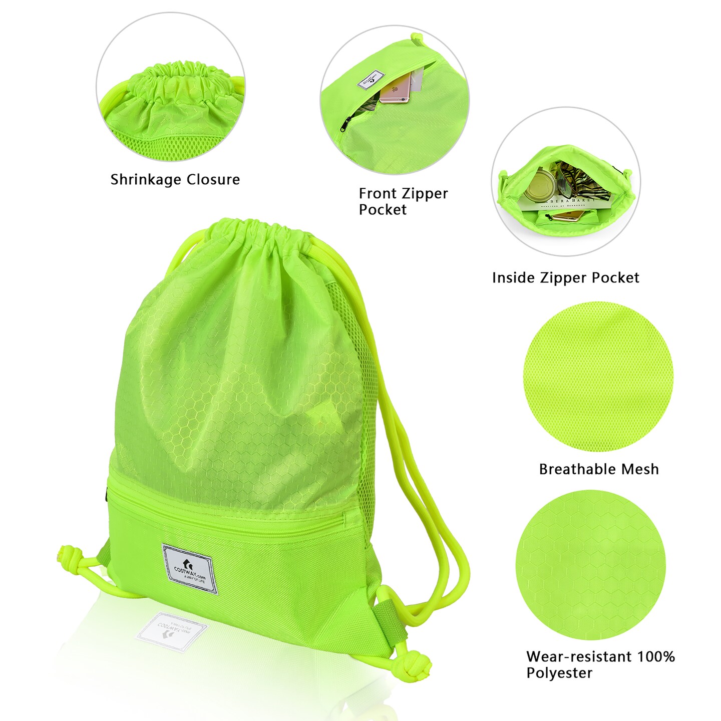 Costway Drawstring Backpack String Bag Folding Sports Sack w/Zipper Pocket Black\Blue\Green\Pink