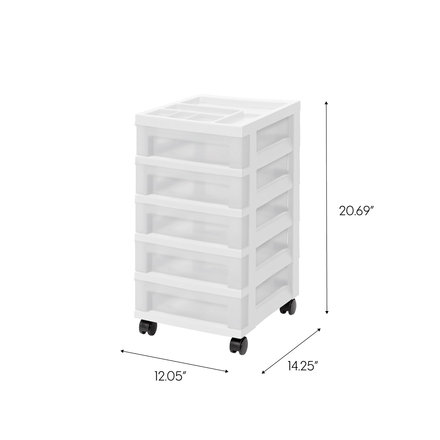 5-Drawer Storage Cart with Organizer Top, White/Pearl