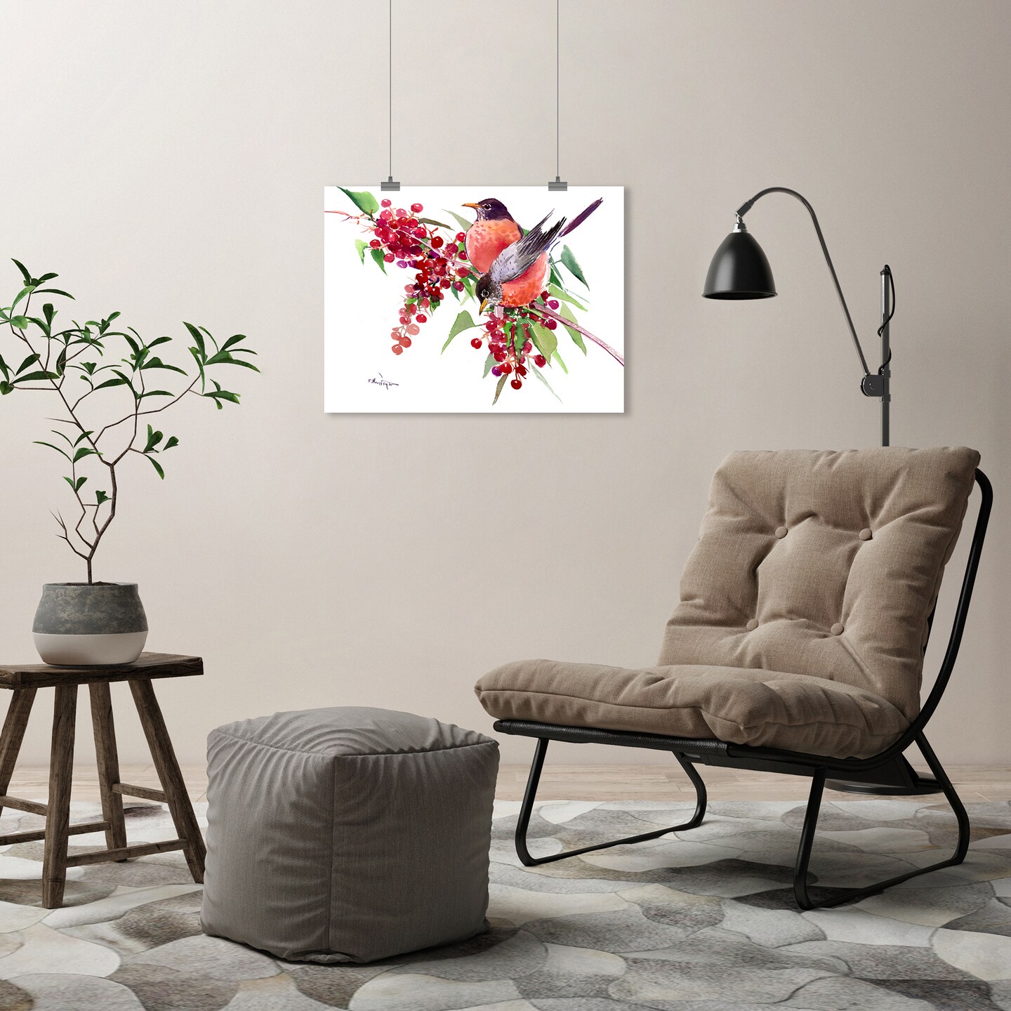 American Robins And Berries by Suren Nersisyan  Poster - Americanflat