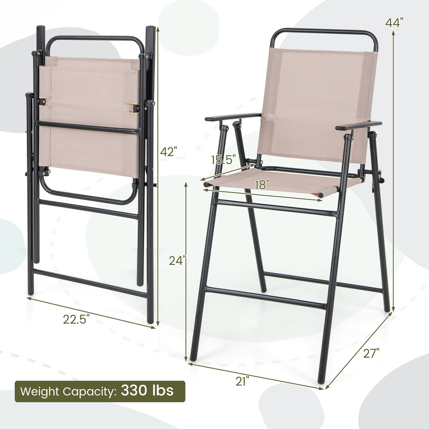 Costway Patio Folding Bar-height Chairs with Armrests Quick-drying Seat Beige Backyard