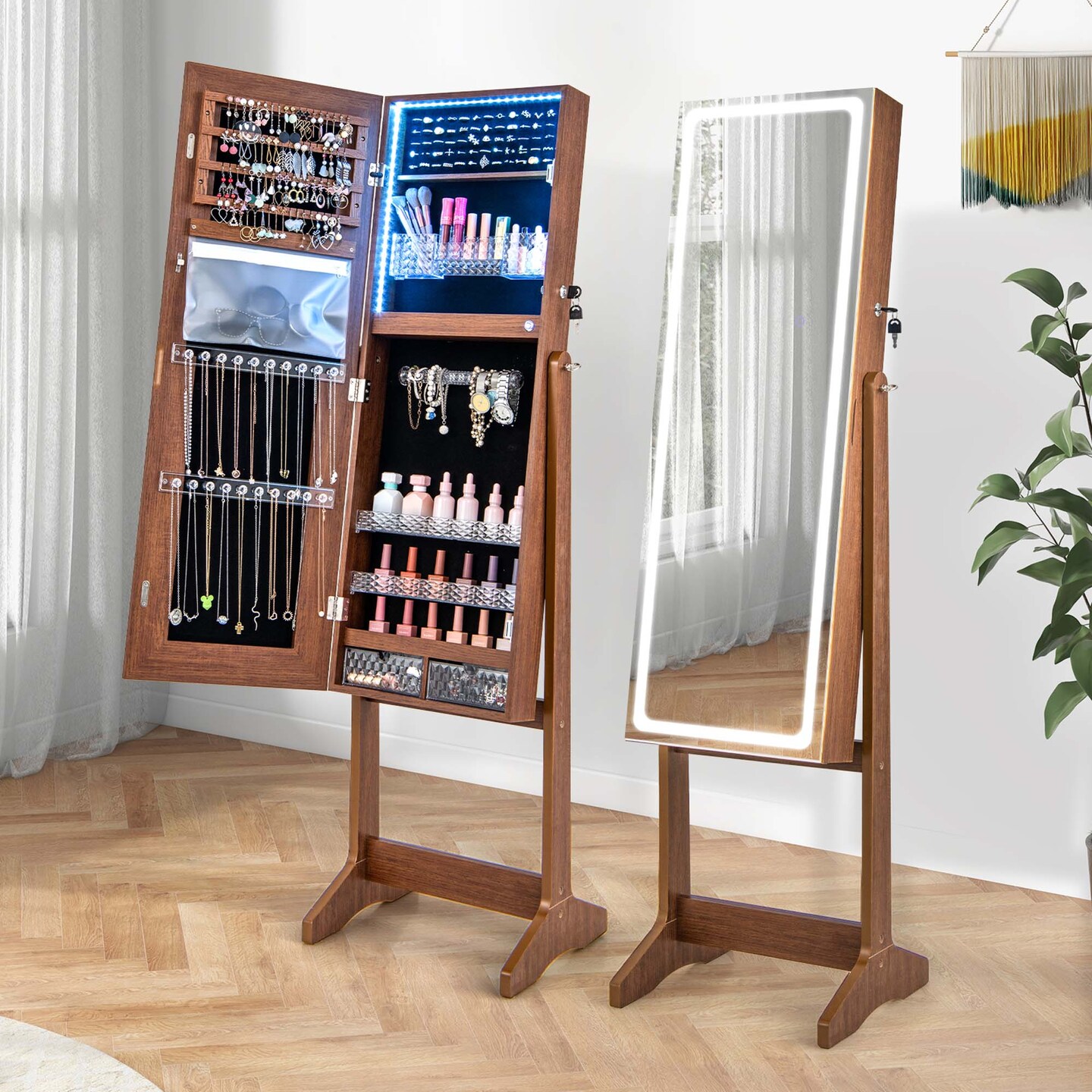 Costway Jewelry Cabinet Large Full Length Armoire 2-in-1 Stand Mirror  Organizer