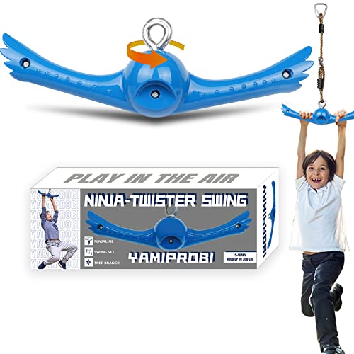 Ninja-Twister Swing Spins Set: Slackline Attachments - 360° Handle Twist-Spin Flips Toy Activate Ninja Powers Warrior Accessories Kids Hang Toys for Playground Backyard Blue