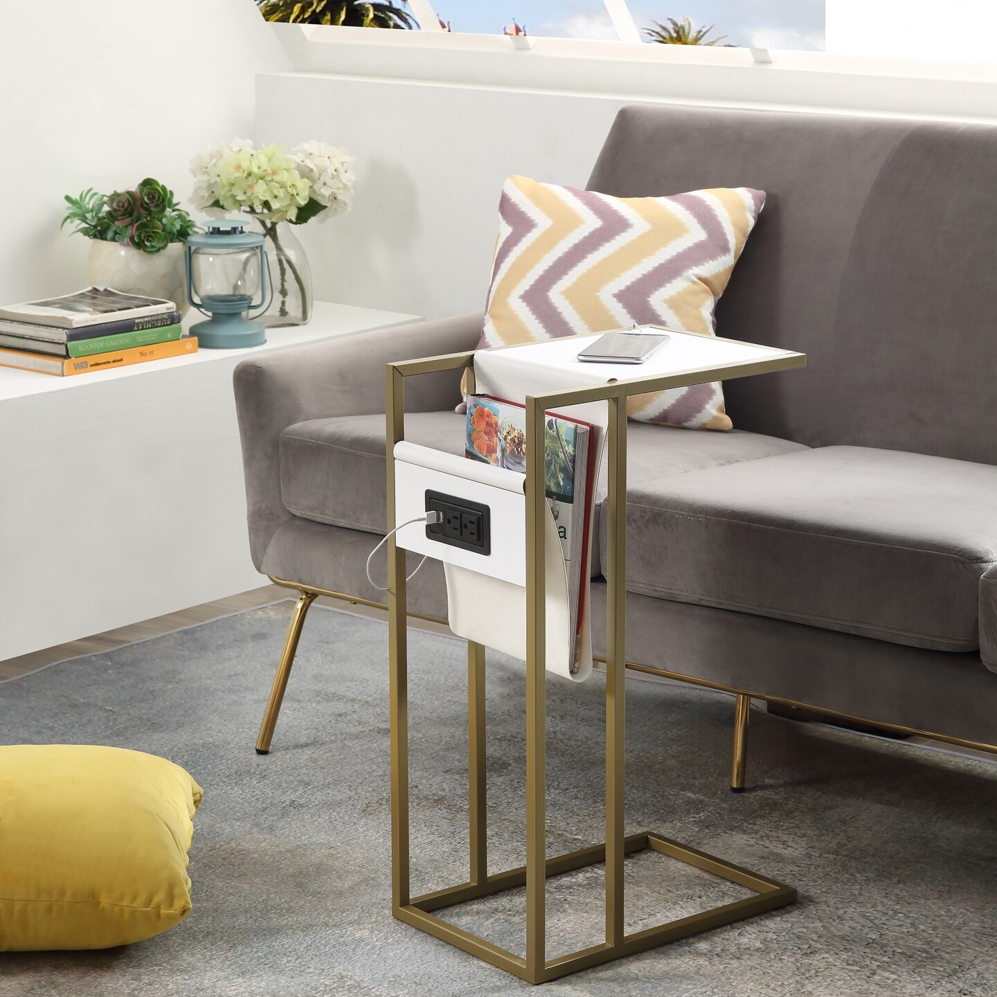 Tregal C-Table with Magazine Holder, USB Port &#x26; Wall Plug
