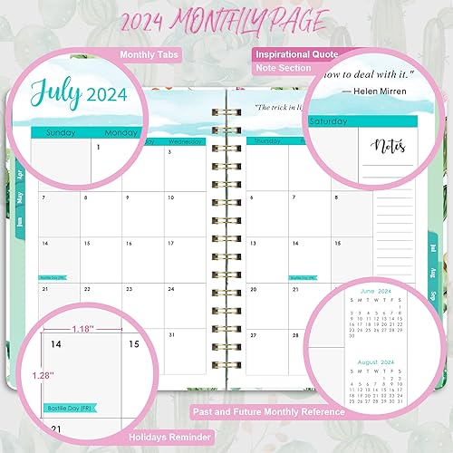 Planner 2024, Weekly and Monthly Planner, Jan 2024 - Dec 2024, 8.5&#x22; x 6.4&#x22;, Planner with Hardcover, Twin - Wire Binding, Monthly Tabs, Inner Pocket, Elastic Closure, Daily Organizer