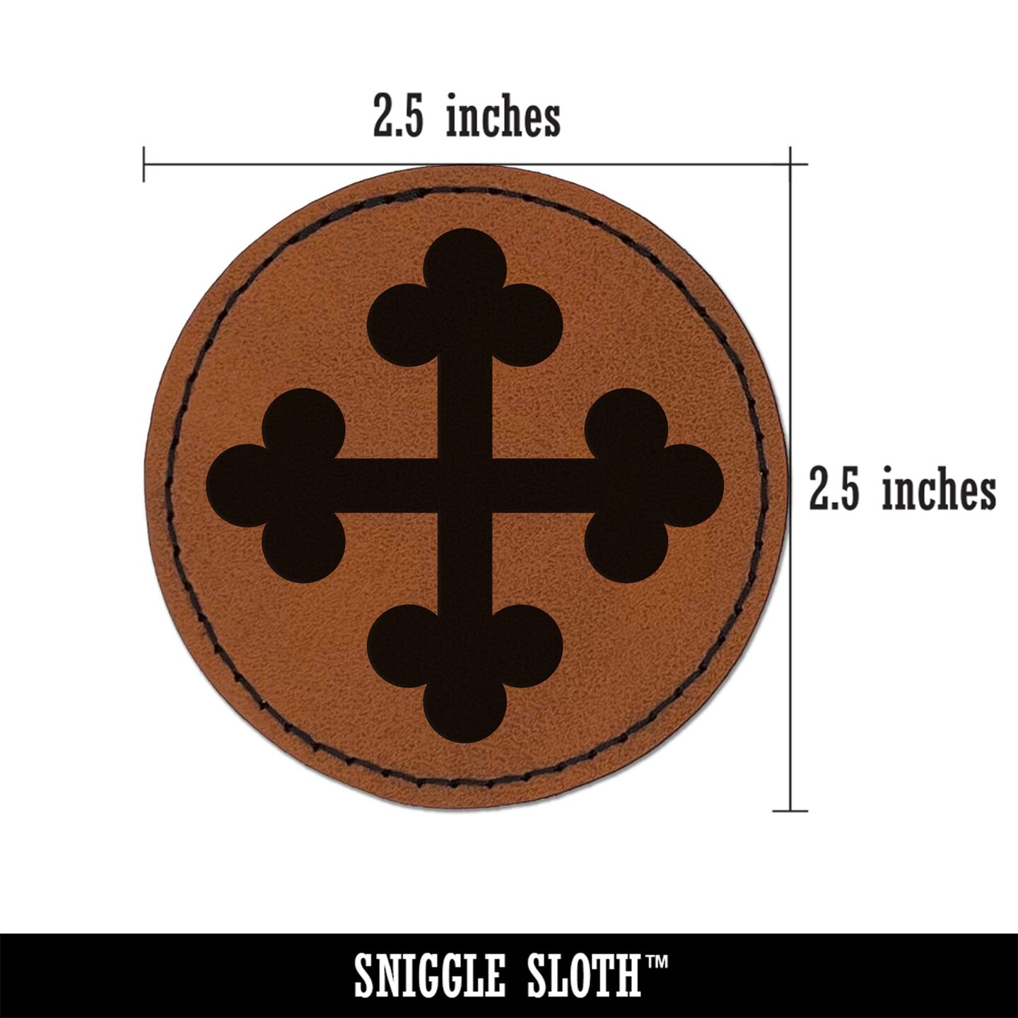 Cross Bottony Trefoil Buds Round Iron-On Engraved Faux Leather Patch Applique - 2.5&#x22;
