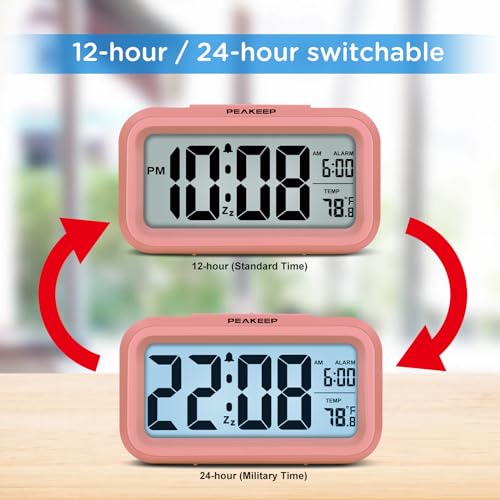 Peakeep Night Light Digital Alarm Clock with Indoor Temperature, Battery Operated Desk Small Clock (Light Salmon Pink)