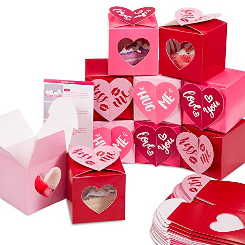 24 Pieces Valentine's Day Treat Boxes Red Rose Red Pink Heart Cardboard Box with Window 3 Inch Valentines Gift Container with Instruction for Goodie Cookie Candy Sweet Crafts Party Favor Supplies
