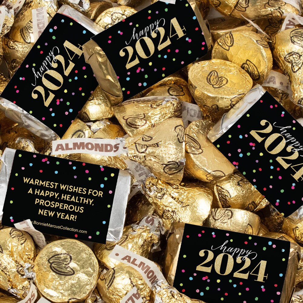 131 Pcs New Year&#x27;s Eve Candy Party Favors Hershey&#x27;s Miniatures and Gold Almond Kisses Chocolate by Just Candy (1.65 lbs) - Rainbow Confetti