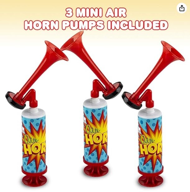 Mini Air Horn Pump, Set of 3, 10&#x22; Noisemakers for Sporting Events, Parties, and Celebrations, as well as Fun Birthday Party Favors and Goodie Bag Fillers for Kids and Adults