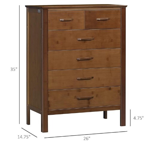 Bedroom Tall Dresser, Six-Drawer Dresser, Drawer Chest with Bamboo Frame, Brown