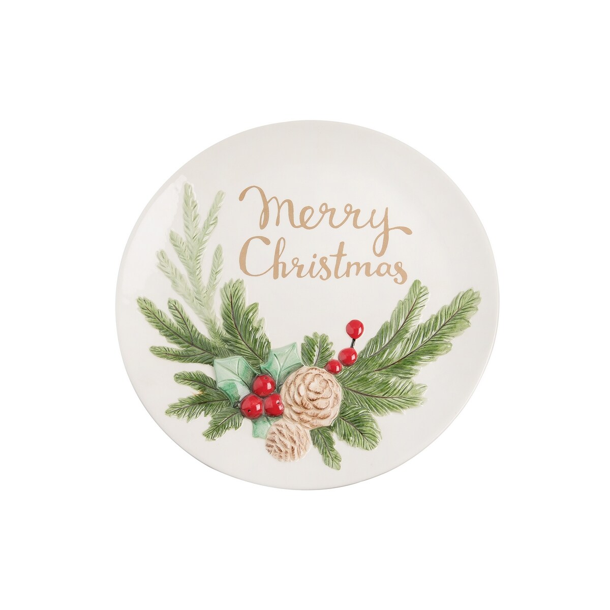 13&#x22; x 13&#x22; &#x22;Merry Christmas&#x22; Handpainted Round Dolomite Platter with Pinecone Accents