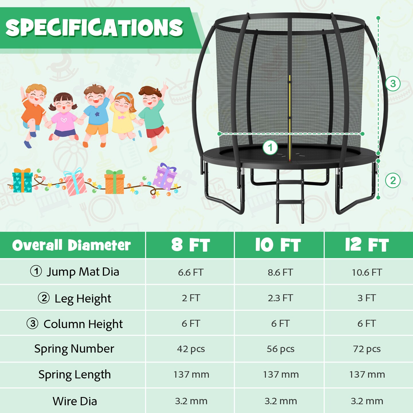 8 Feet ASTM Approved Recreational Trampoline with Ladder