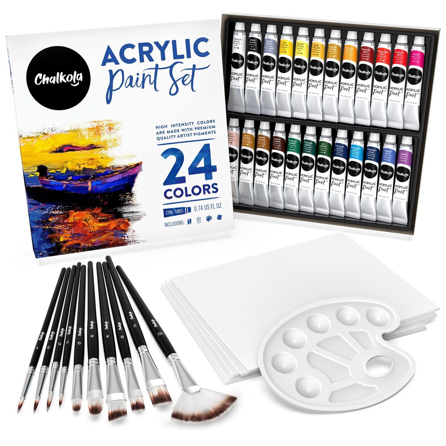 Chalkola Acrylic Paint Set for Adults & Kids - 56 Pcs Canvas Painting Kit with 32 Paints (22ml), 10 Brushes, 10 Canvases, Tabletop Easel, Palette, Kni