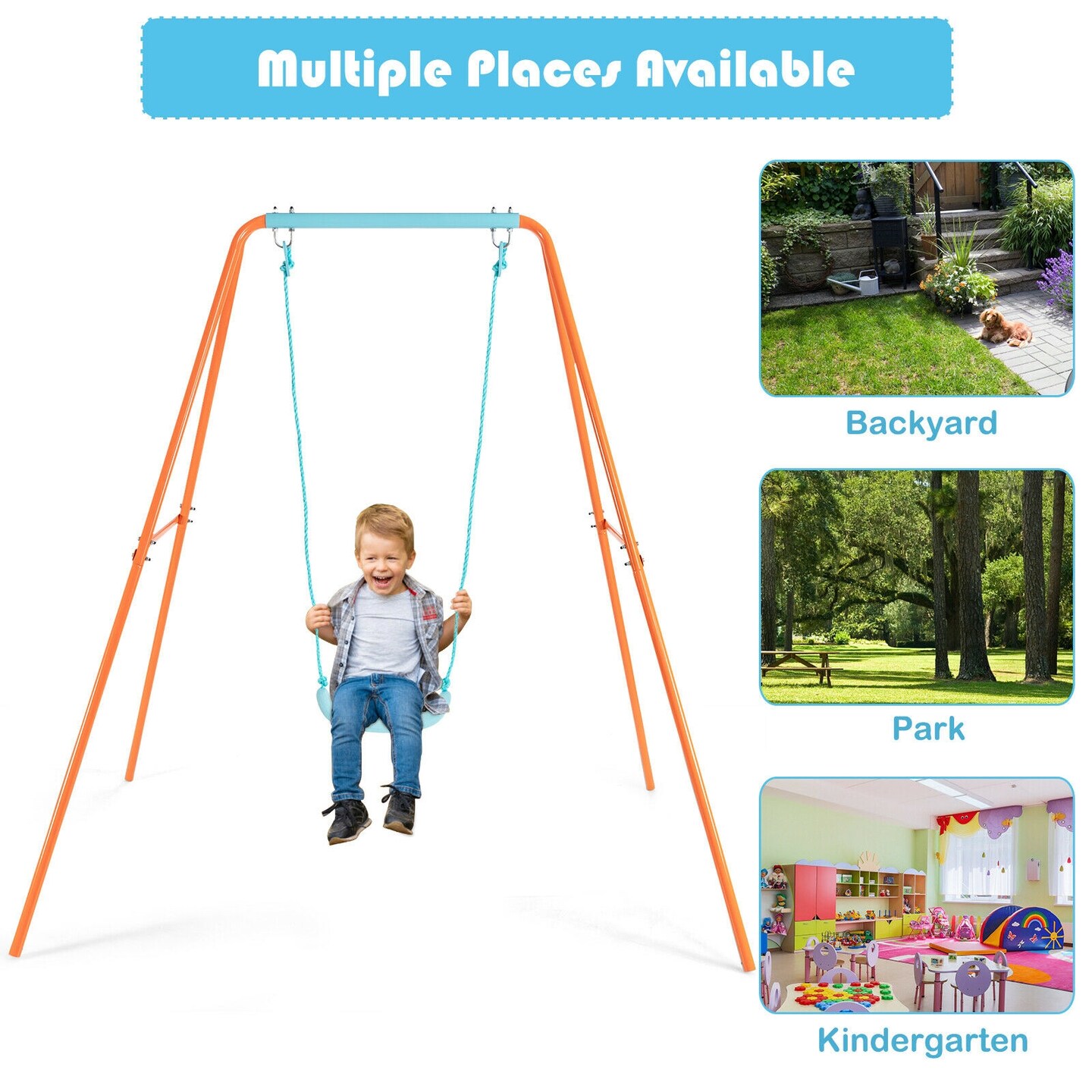 Outdoor Kids Swing Set with Heavy Duty Metal A-Frame and Ground Stakes