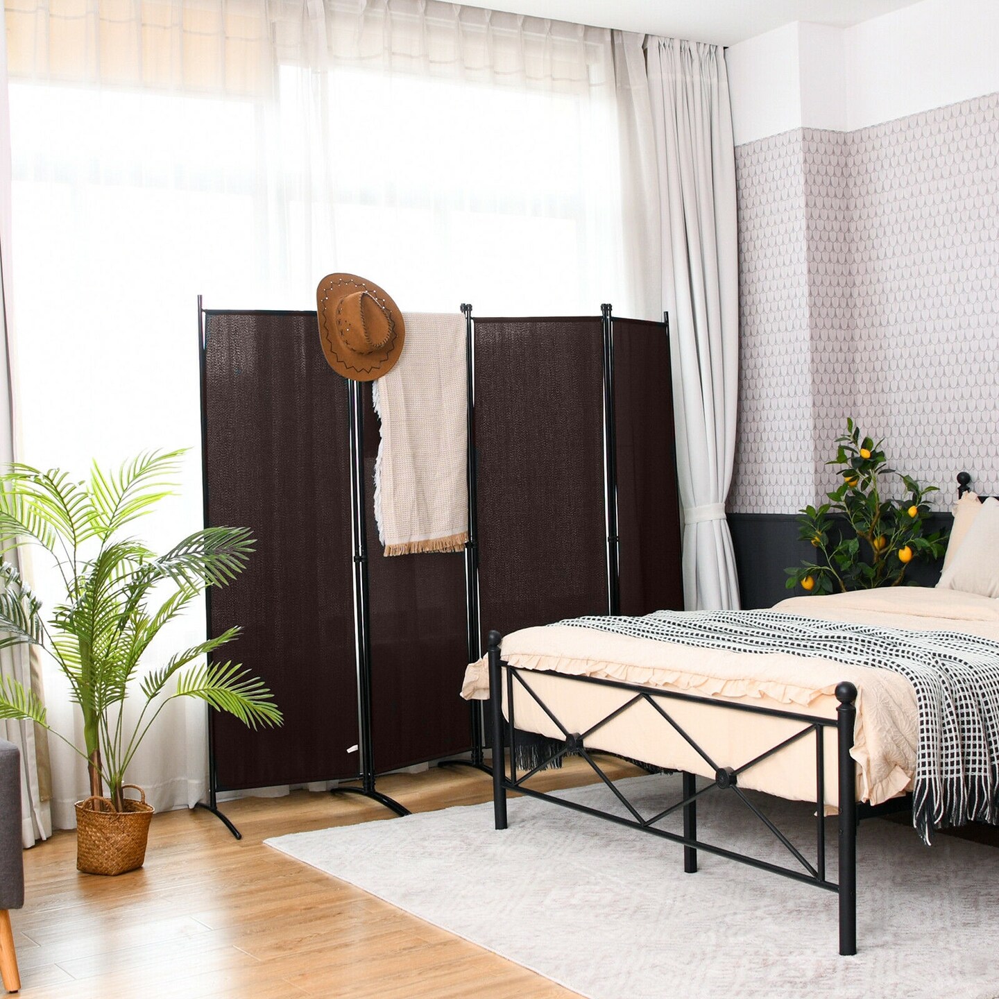 4-Panel Foldable Room Divider Privacy Screen with Steel Frame