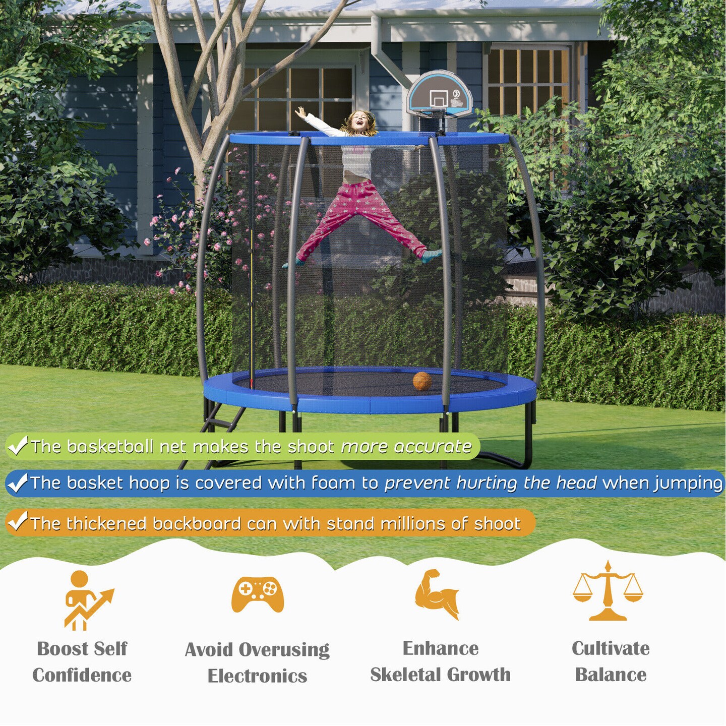 Recreational Trampoline with Basketball Hoop and Net Ladder