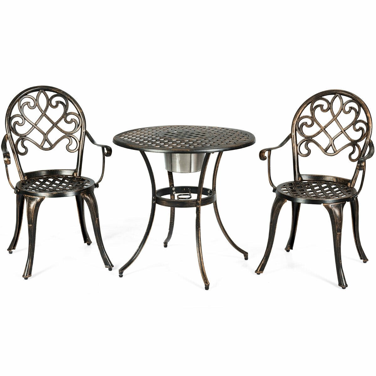 Antique Bronze 3-Piece Bistro Set 2 Chairs 1 Table with Ice Bucket Outdoor