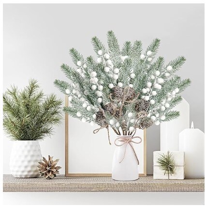 8 Pack Snow Frosted Christmas Berries Pine Picks Artificial White Berry Pine Branches Faux Pine Stem with Pine Cones for Xmas Tree Wreath DIY Craft Floral Arrangement Holiday Decor (White)
