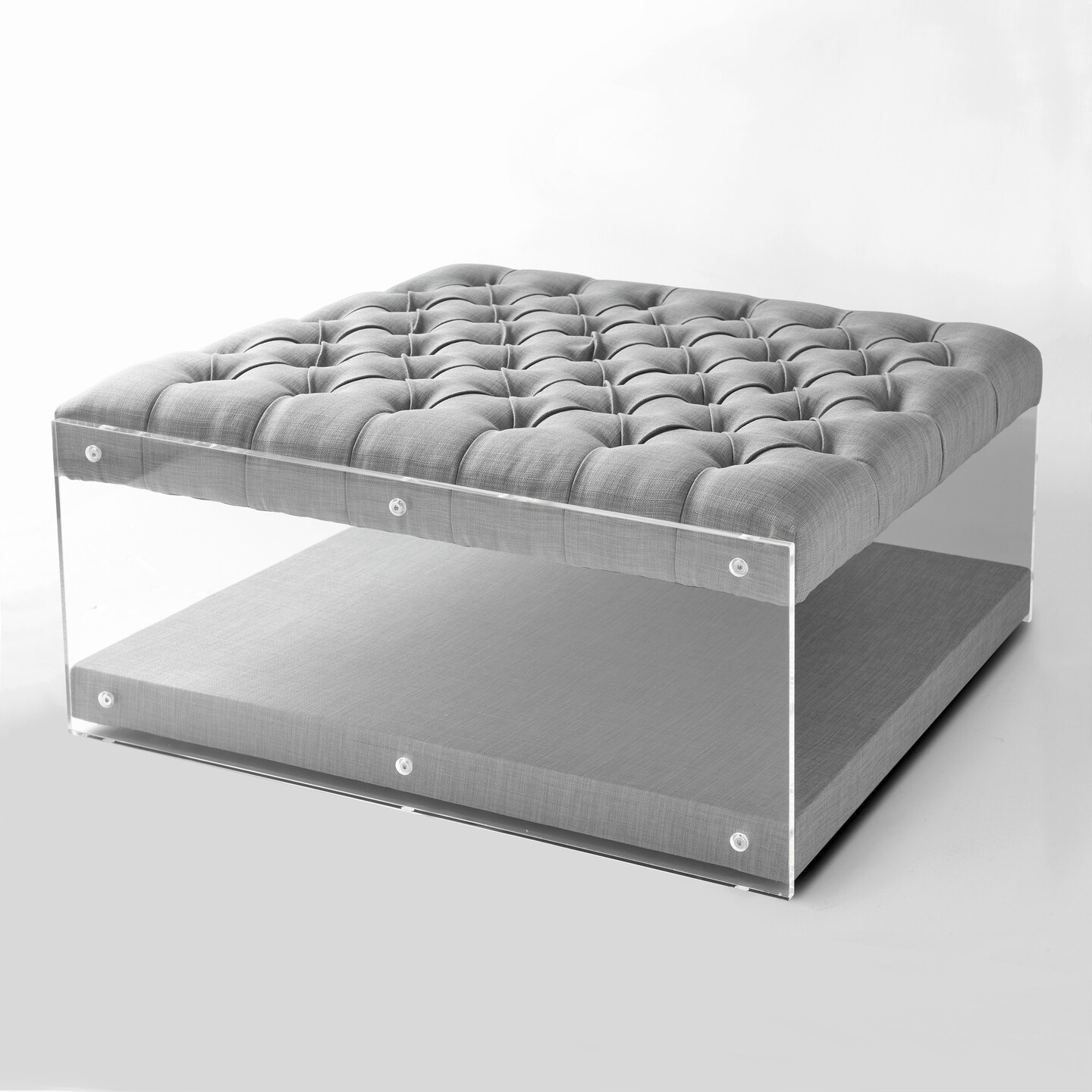 Fleur Linen/Velvet Button Tufted Clear Acrylic Side Cocktail Table Ottoman
