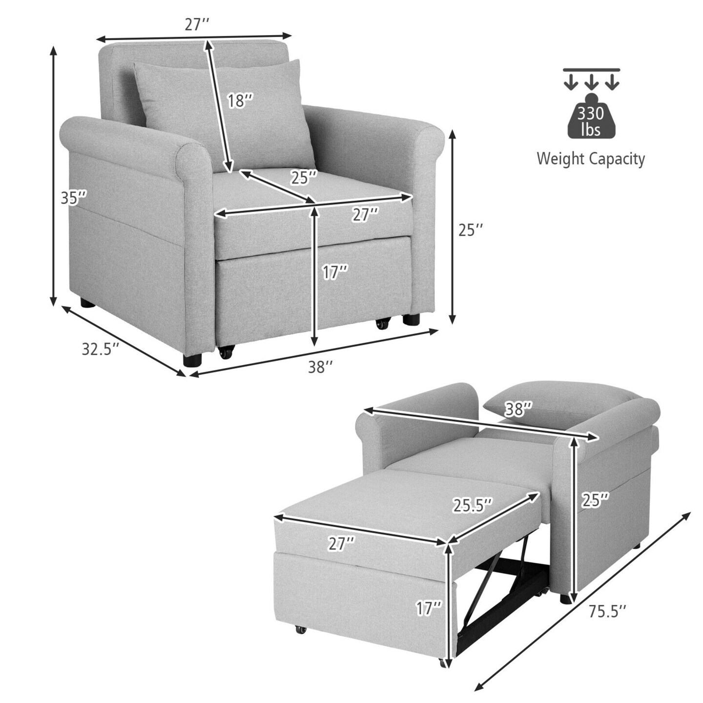 3-in-1 Pull-out Convertible Adjustable Reclining Sofa Bed-Grey
