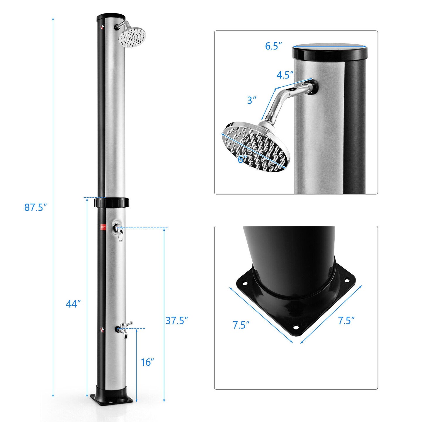 7.2 Feet Solar-Heated Outdoor Shower with Free-Rotating Shower Head