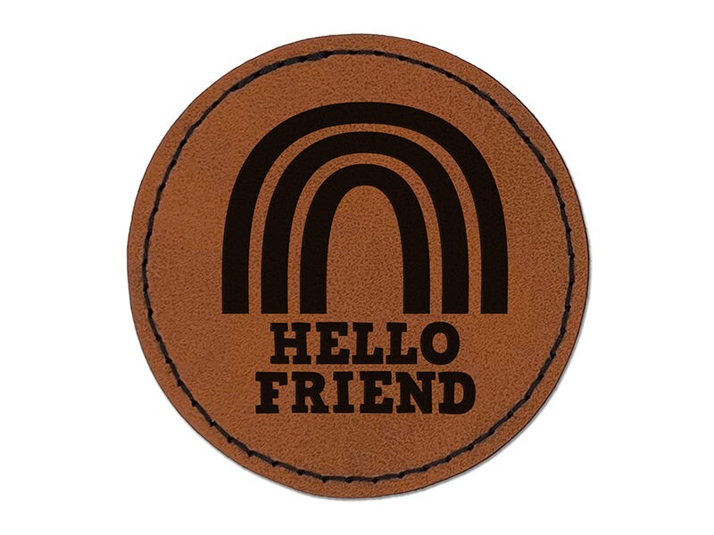Hello Friend Fun Rainbow Round Iron-On Engraved Faux Leather Patch Applique - 2.5&#x22;